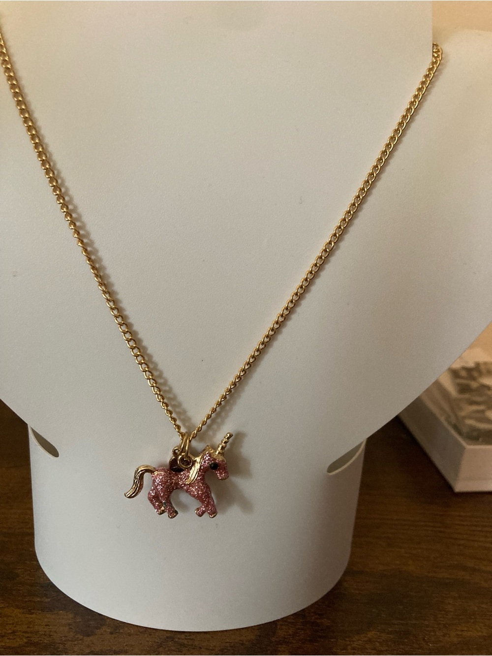 Gold Chain Necklace with Pink Glitter Unicorn Pendant